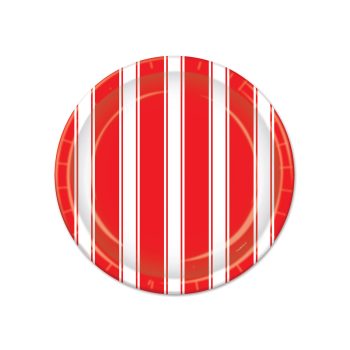 Red and white striped round plate with a glossy finish.