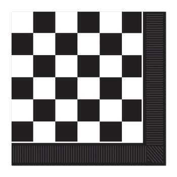 Black and white checkered napkin with a striped border.