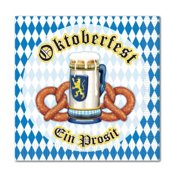 Oktoberfest logo with beer, pretzels, and Bavarian pattern.