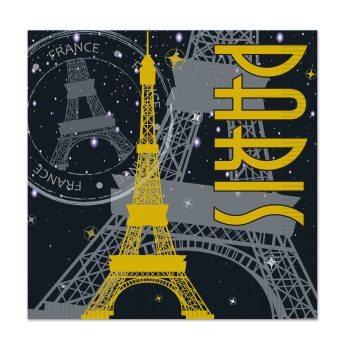 Artistic depiction of the Eiffel Tower with Paris-themed text and stamps.