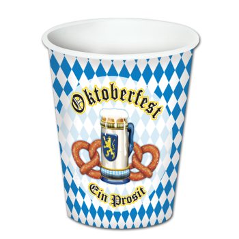 Oktoberfest cup with blue and white diamond pattern and pretzel design.