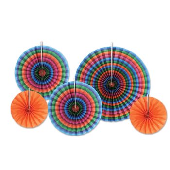 Colorful paper fans and honeycomb decorations in various sizes.