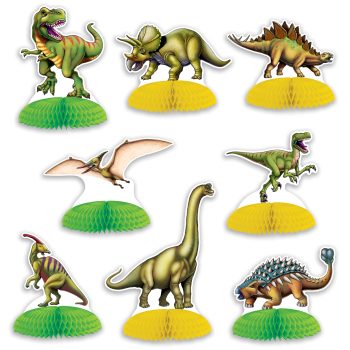 Nine colorful dinosaur figurines on colored bases.