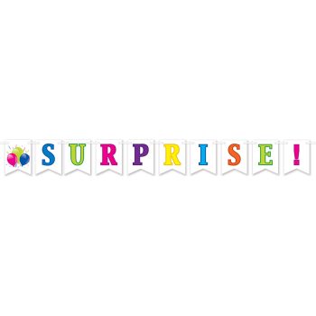 Colorful "SURPRISE!" banner with balloons on a white background.