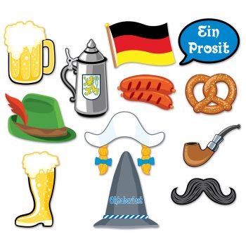 Collection of Bavarian-themed icons including beer, pretzel, sausages, and traditional hat.