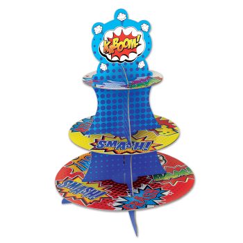 Colorful three-tier comic-themed cupcake stand.