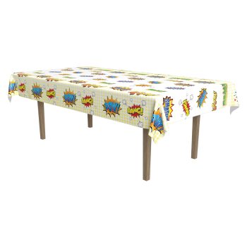 Rectangular table covered with a colorful sunflower-themed tablecloth.