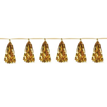 Gold and orange tassel garland hanging in a row.