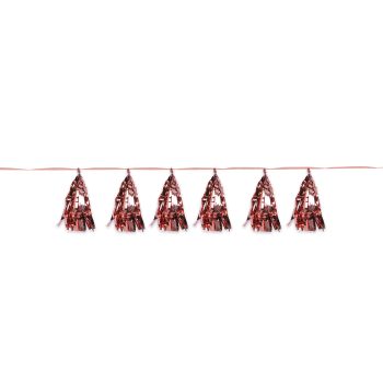 A garland of six red tassels hanging on a string against a white background.