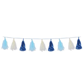 A garland of blue, white, and navy tassels hung in a row.