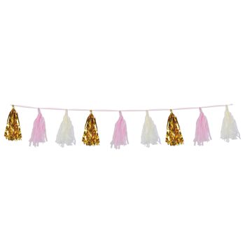 Colorful tassel garland with gold, pink, and white tassels.