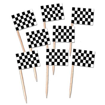 Black and white checkered flags on wooden sticks.