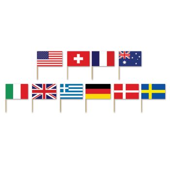A row of small international flags from various countries on sticks.