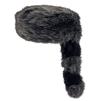 A furry trapper hat with ear flaps and a long tail.