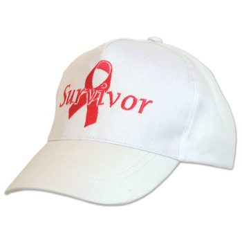 White cap with red ribbon and 'Survivor' text embroidered.