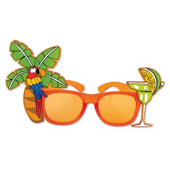 Orange sunglasses with tropical decorations and a cocktail glass.
