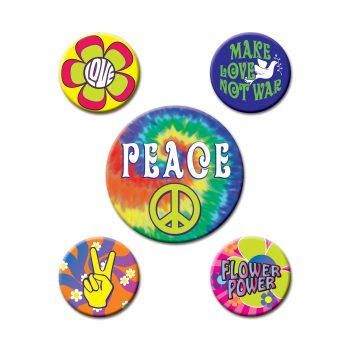 Colorful peace and love buttons with vibrant designs and messages.