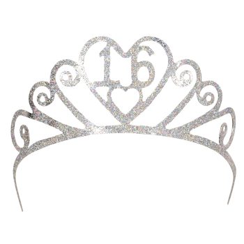 Silver tiara with heart and number 16 design.