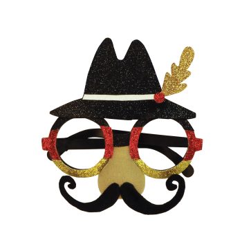 A novelty disguise featuring a black hat, round glasses, a fake mustache, and a golden feather.