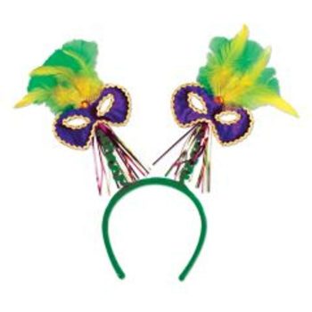Colorful Mardi Gras-themed headband with feathers and masks.
