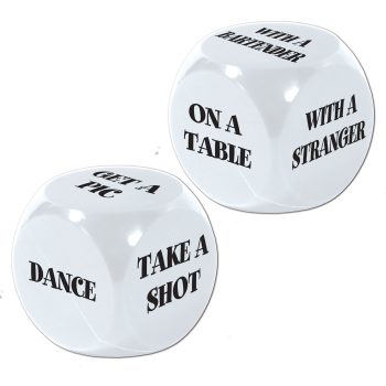 Two white dice with party-themed instructions printed on their faces.