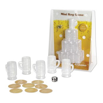 Mini keg game with shot glasses and tokens.