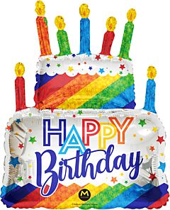 Colorful birthday cake with candles and a happy birthday message.