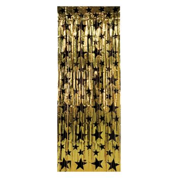 Gold metallic curtain decorated with black stars.