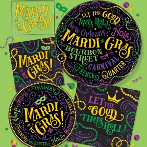 Colorful Mardi Gras-themed coasters with festive designs and phrases.
