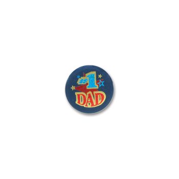A round badge with '#1 Dad' text in colorful letters.