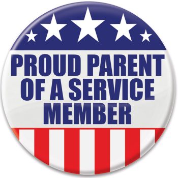 Badge stating 'Proud Parent of a Service Member' with patriotic stars and stripes.