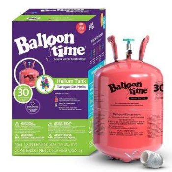 Balloon Time helium tank with pink balloons and inflation nozzle.