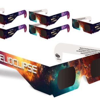 Set of colorful cardboard eclipse glasses for safe solar viewing.