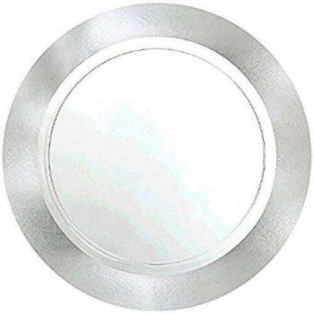 A round silver-framed mirror with a clean white reflective surface.