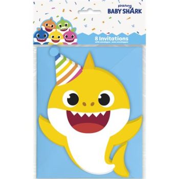 Colorful Baby Shark party banner with smiling shark characters.