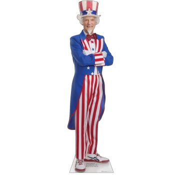 Person dressed in a patriotic Uncle Sam costume with red, white, and blue colors.