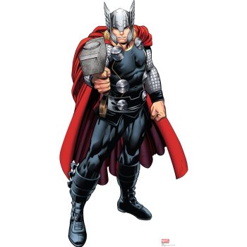 Thor in his iconic armor with red cape and hammer.