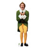 A man dressed as Buddy the Elf enthusiastically smiling with hands clasped.