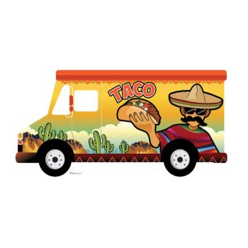 Colorful taco truck with Mexican-themed artwork and sombrero.