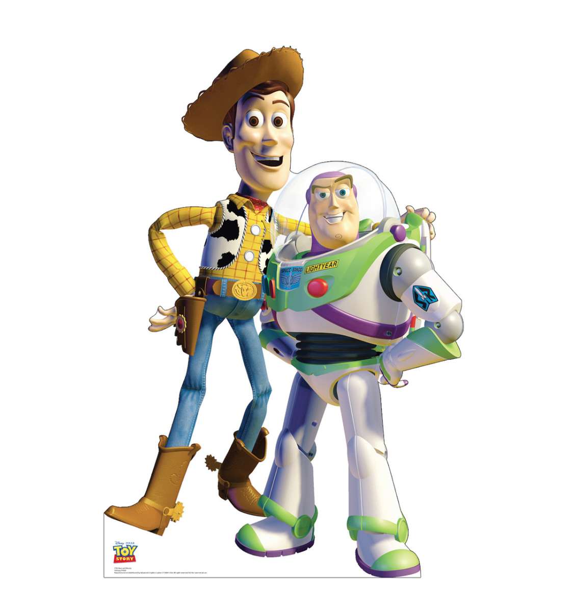 Woody and Buzz Lightyear from Toy Story standing together.