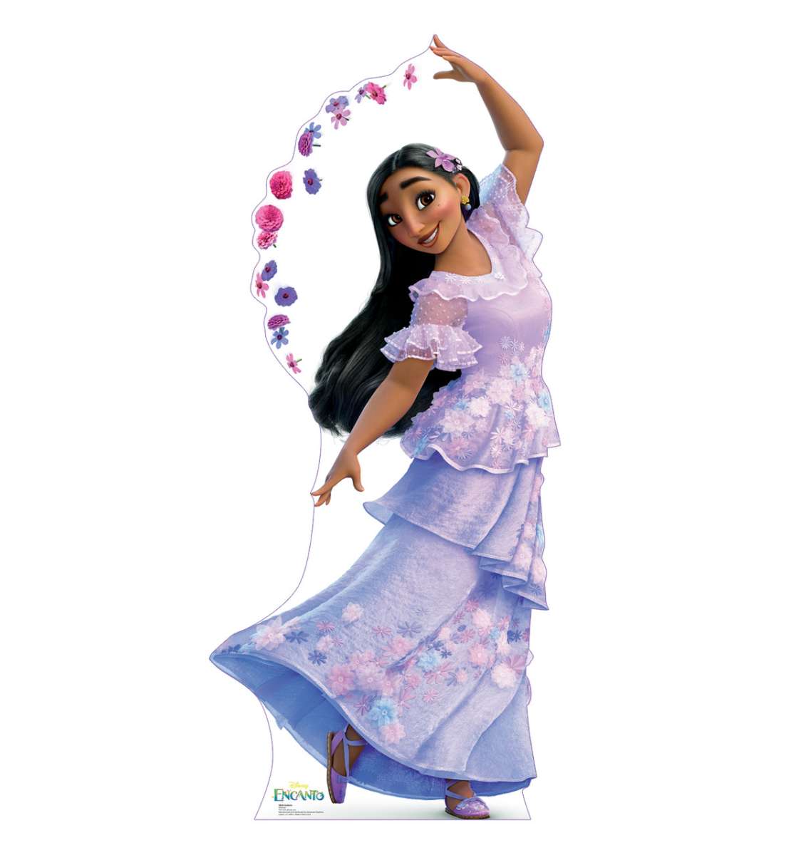 A woman dancing gracefully in a flowing purple dress with floral patterns.