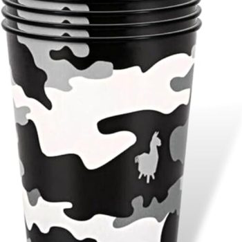 Black and white camouflage patterned cups stacked together.