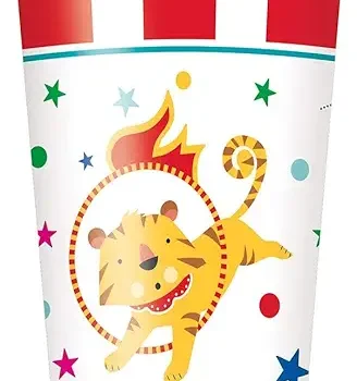 A cheerful lion with a flaming mane on a colorful cup.