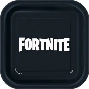 Black square plate with the white Fortnite logo in the center.