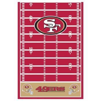 San Francisco 49ers logo on a red football field design.