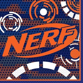Close-up of a Nerf logo on a textured blue and orange background.