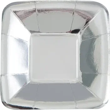 A shiny silver square paper plate with raised edges.
