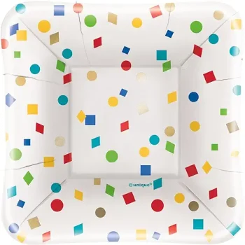 Square paper plate with colorful confetti pattern.
