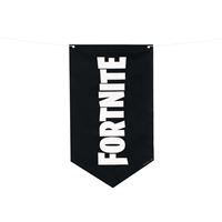 Black banner with white vertical Fortnite logo.