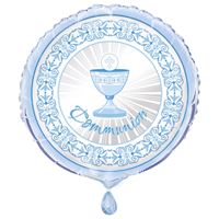 A decorative chalice emblem with intricate blue floral border and a drop below.
